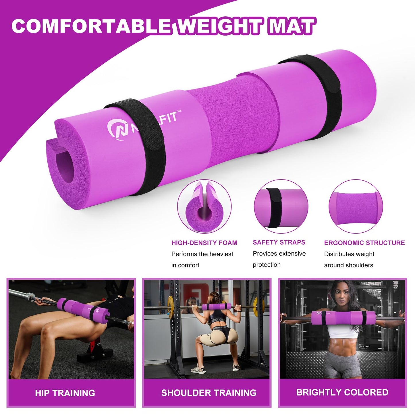 NEALFIT Barbell Pad Set with Lifting Straps & Ankle Straps - Squat Pad for Hip Thrusts, Lunges, Weightlifting - Heavy Duty Strength Training Equipment for Powerlifting, Home Gym (Purple)