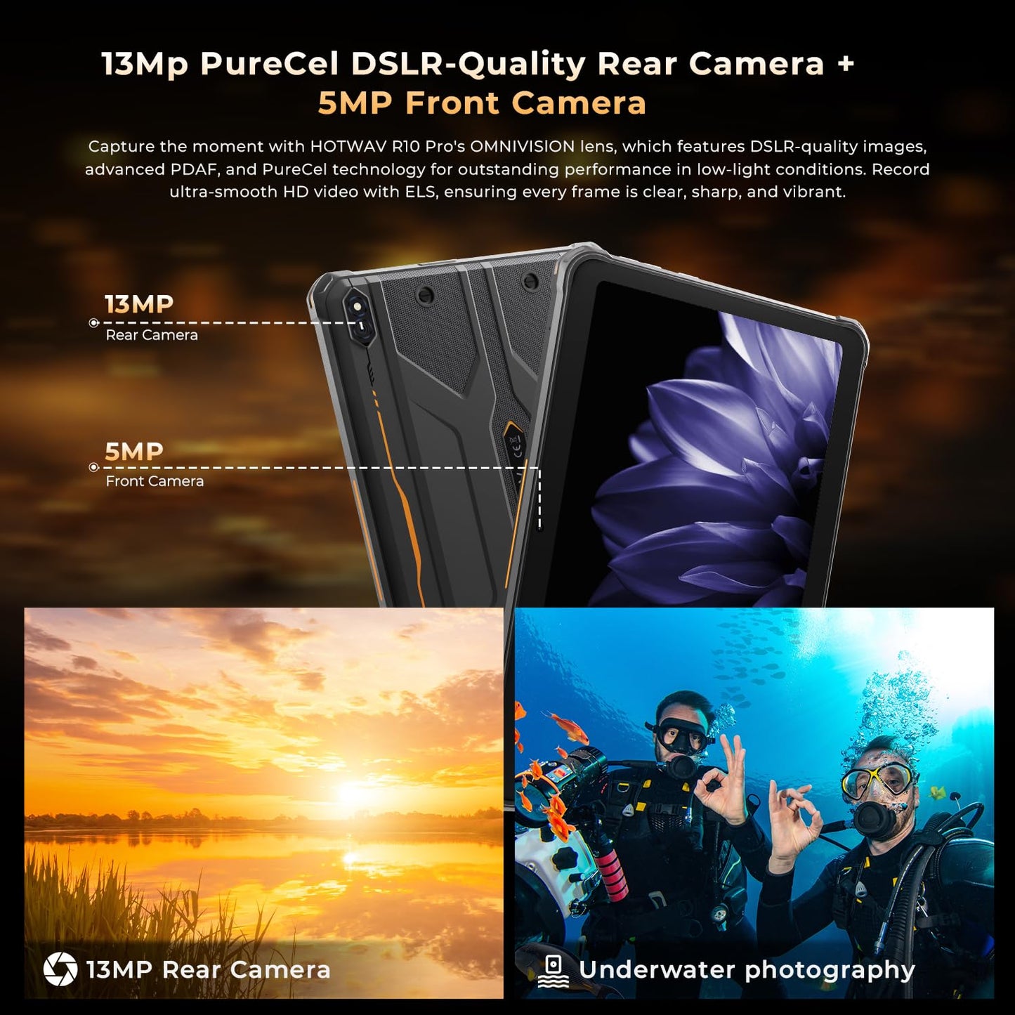 HOTWAV R10 Pro Rugged Tablet Android 14-10.1 Inch HD+ 10800mAh Waterproof Tablet, 20GB RAM+256GB ROM/1TB TF Work Tablets, 13MP+5MP Camera Octa-Core IP68&IP69K/4G-LTE/5G WiFi/Face ID/GPS/OTG