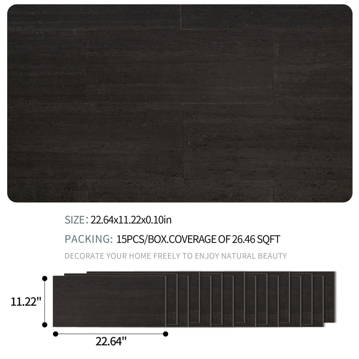 SINGULARWOOD 15pcs/26.46 sq ft Soft Stone Wall Tiles, Flexible Travertine Rock Panels for Interior and Exterior Walls-Ebony Black.
