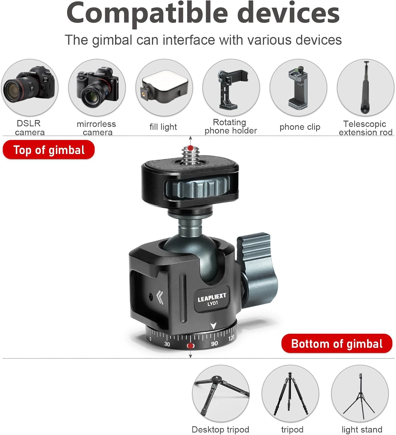 LEAPLIEXT 360 1/4-inch 2.5kg/5.5 lbs Tripod Metal Ball Head, Panoramic Rotating Base Adapter, with Screw and Cold Shoe