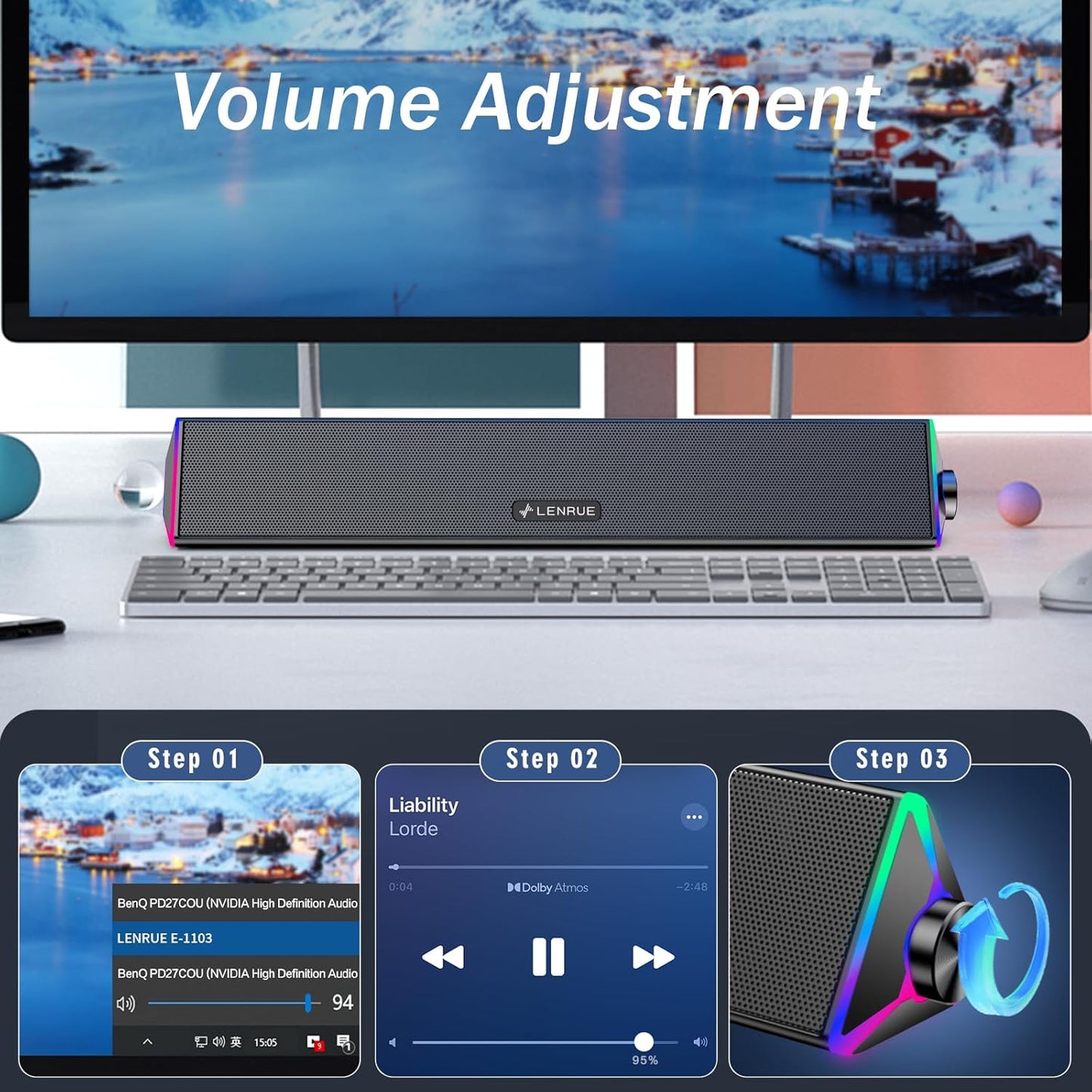 LENRUE Computer Speakers for Desktop,PC Speakers with Single USB for Power and Stereo Sound,Touch Lights Gaming