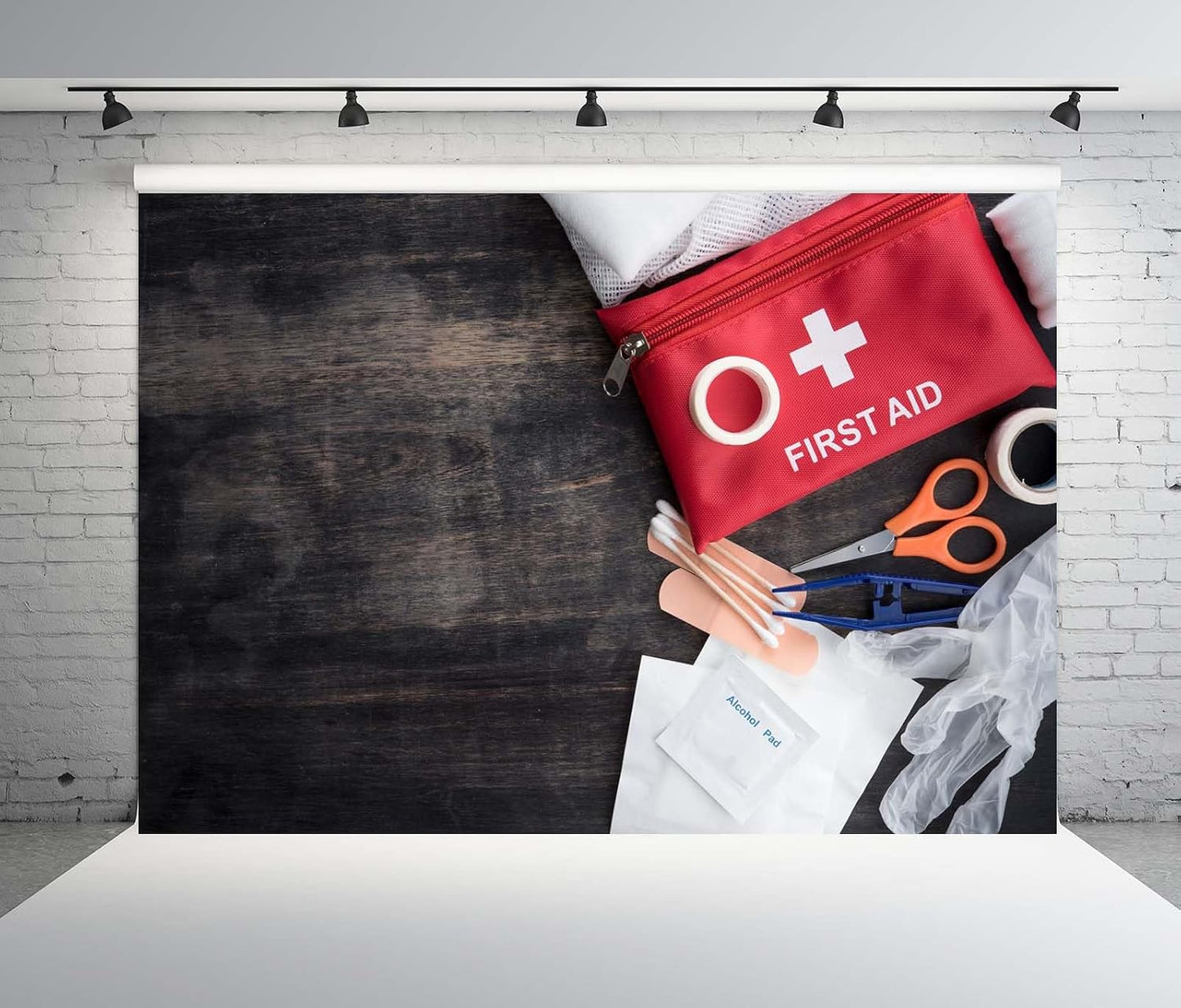BELECO 7x5ft Fabric Medical Healthcare Backdrop First Aid Medical Kit on Brown Wooden Board Background Doctor Nurse