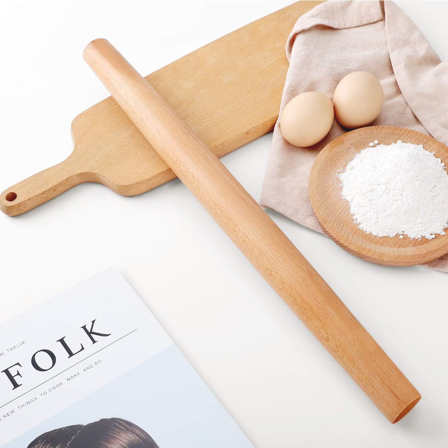 QUELLANCE Wood Rolling Pin - Beech Wood Dough Roller with Silicone Baking Mat | Perfect for Pizza, Pastries & Cookies