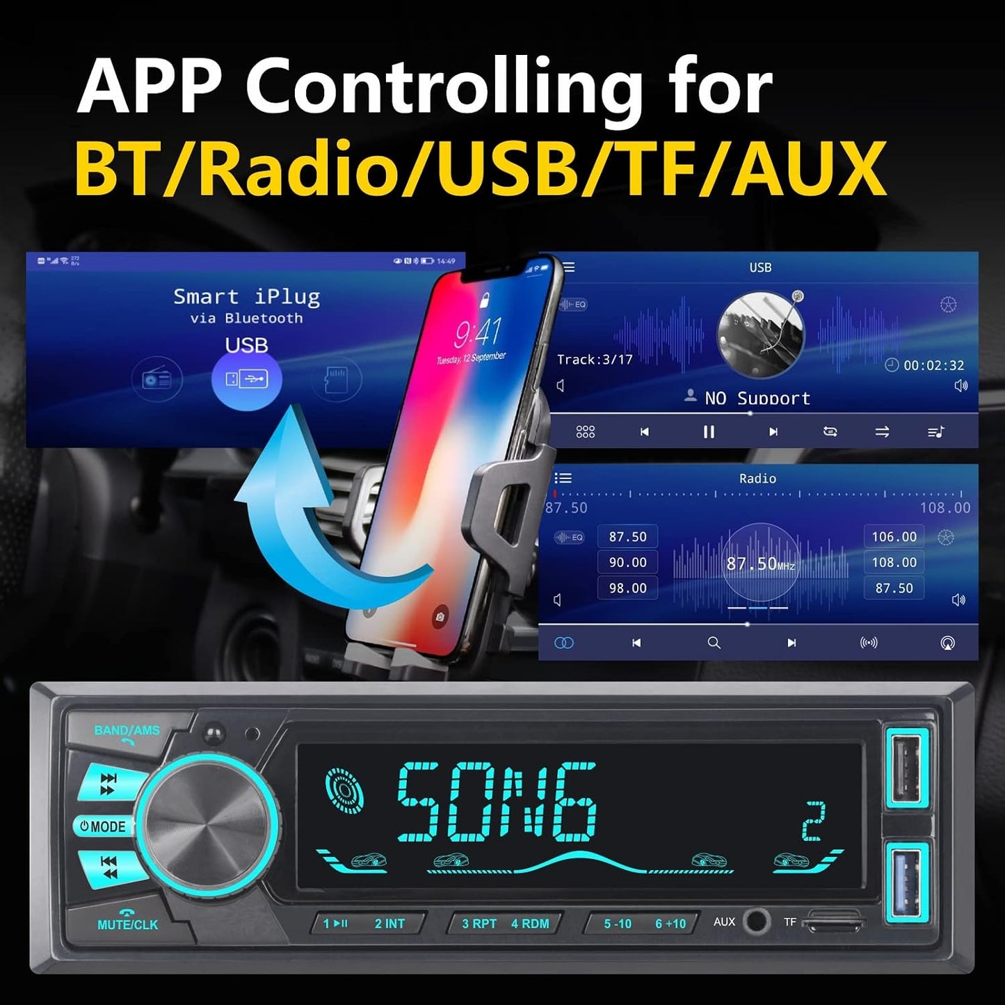 LXKLSZ MP3 Car Stereo Bluetooth Single Din LCD Audio Radio with Brightness Adjustment APP Control Player Supports Hands