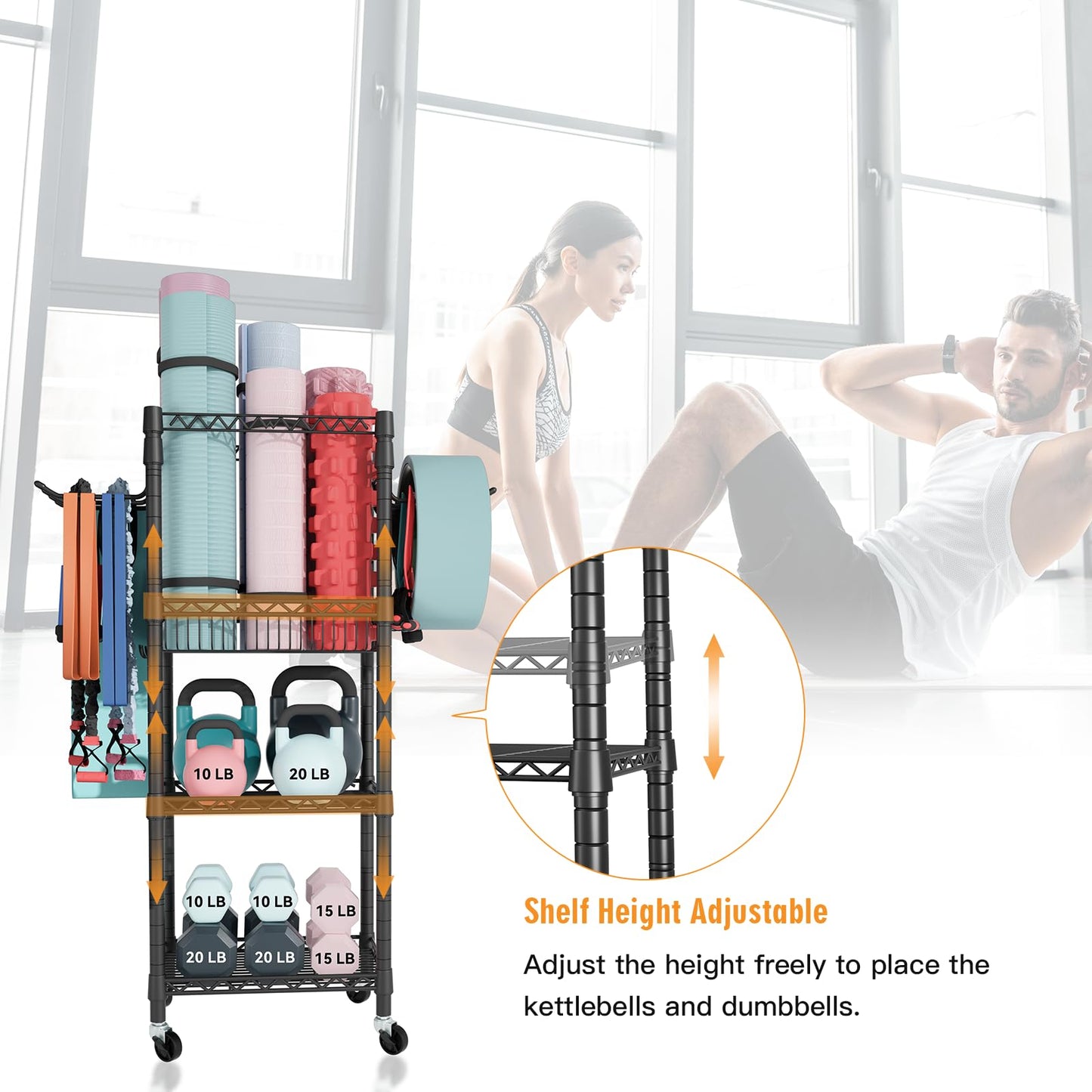 FUTASSI S1 Home Gym Storage, 3-Tier Workout Equipment Organizer with Wheels for Yoga Mats, Foam Roller, Dumbbells, Kettlebells, and Resistance Bands, 47.2" H x 27.1" L x 11.8" D, Black