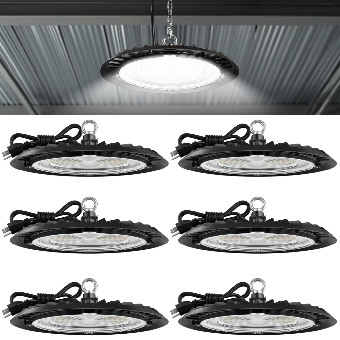 Sunco 6 Pack UFO LED High Bay Light, 150W, 19500 Lumens, 5000k Ultra Bright Commercial Shop Lights for Warehouse, Factory, Workshop, Garage & Barn, Ceiling Mount, Plug & Play, 120V, UL
