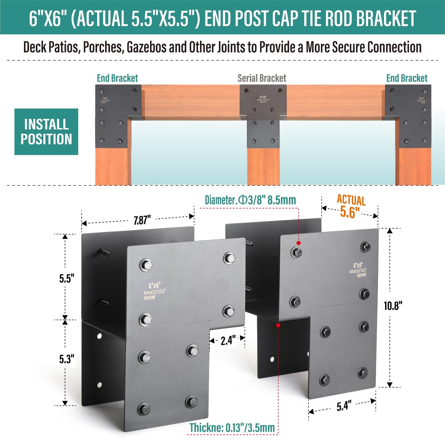 AJOVW 4 Pack 6x6 Post Anchor Connector, Heavy Stainless Steel End Post Cap Tie Brackets for Decks, Porches, Gazebos, etc Wood Post and Beam Anchor Connector (Black)