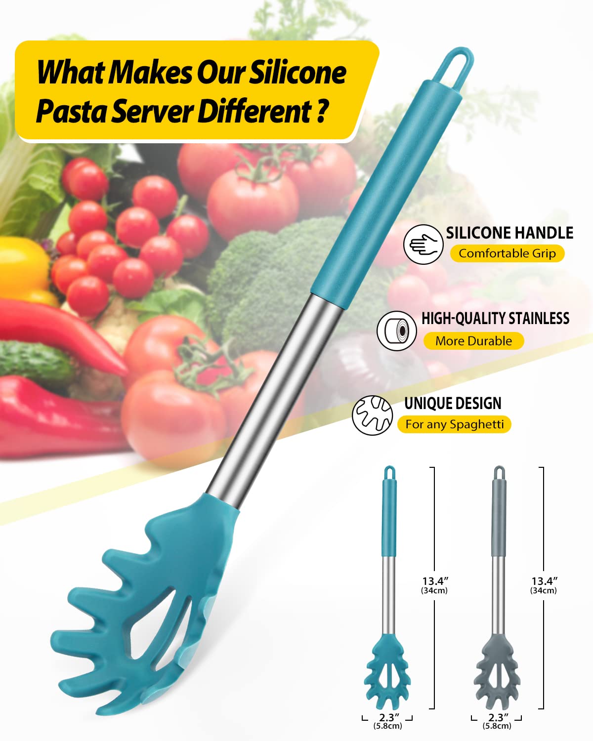 Pack of 2 Silicone Pasta Fork, Kitchen Heat Resistant Noodle Spoon Server, BPA Free Spaghetti Strainer, Best Cooking Tools (GRAY-BLUE)