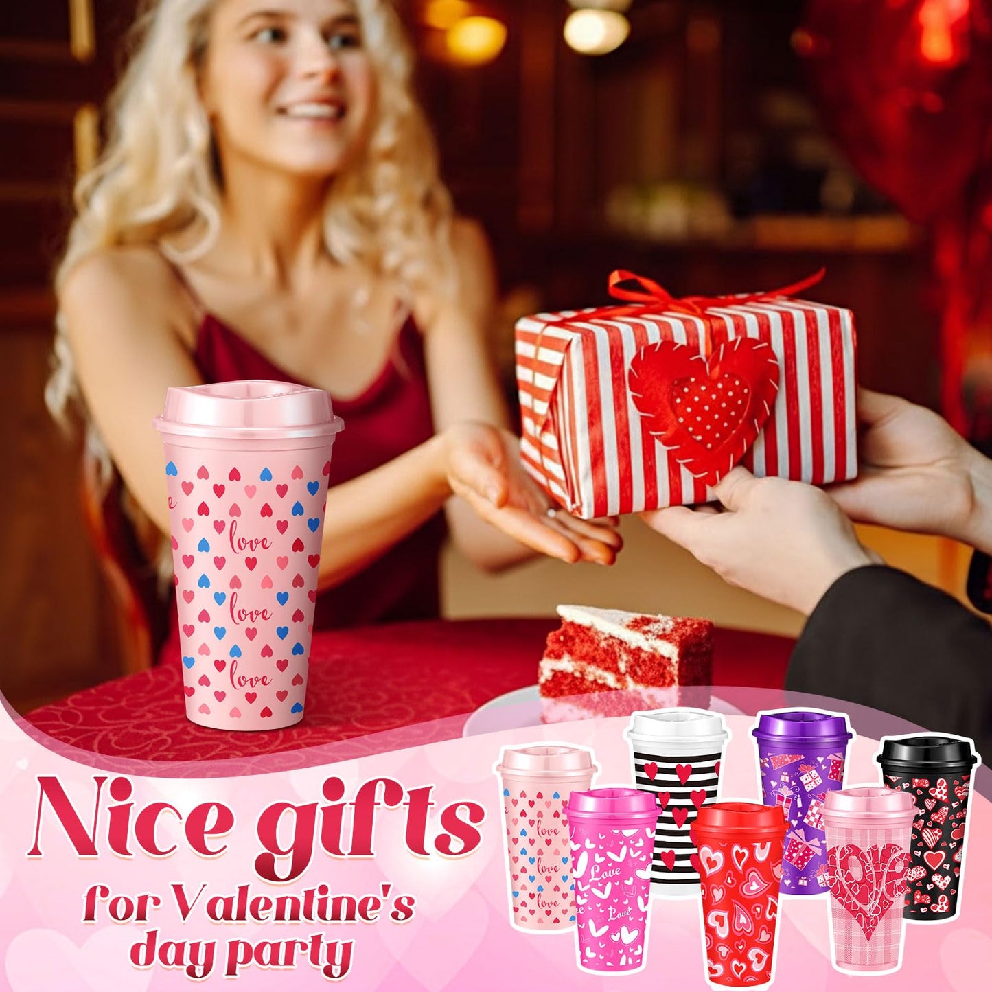 Pickmesh 28 Pack Valentines Day Coffee Cups Gift Bulk for Women Teachers 16 oz Reusable Valentine Coffee Mugs with Lid Red Heart Plastic Tumblers Thank You Mug for Hot and Cold Drinks