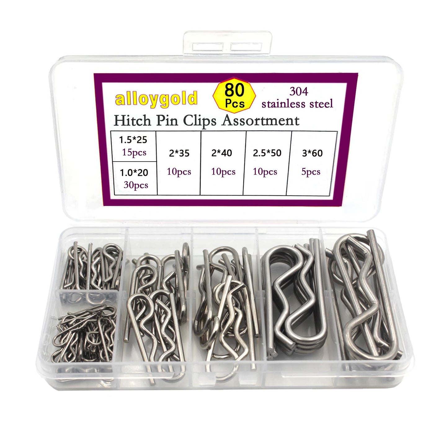 Alloygold 80 Pcs 6 Sizes Stainless Steel Hitch Pin Clip Kit for Hitch Pin Lock System, Trucks, Engine Repair