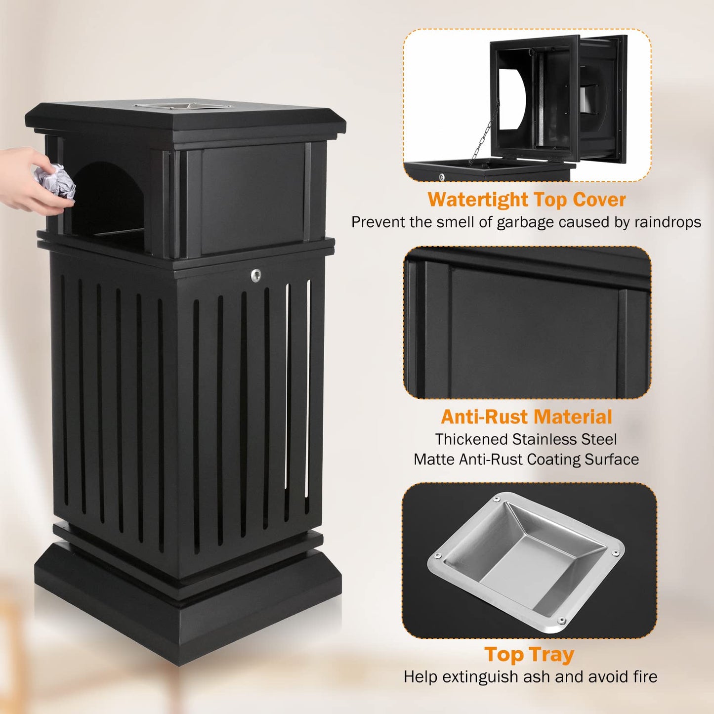 BEAMNOVA 35.5 * 15.8 * 15.8in Matte Black + 9.8 * 24 in Black Trash Can Outdoor Top Tray Stainless Steel Commercial Garbage Enclosure