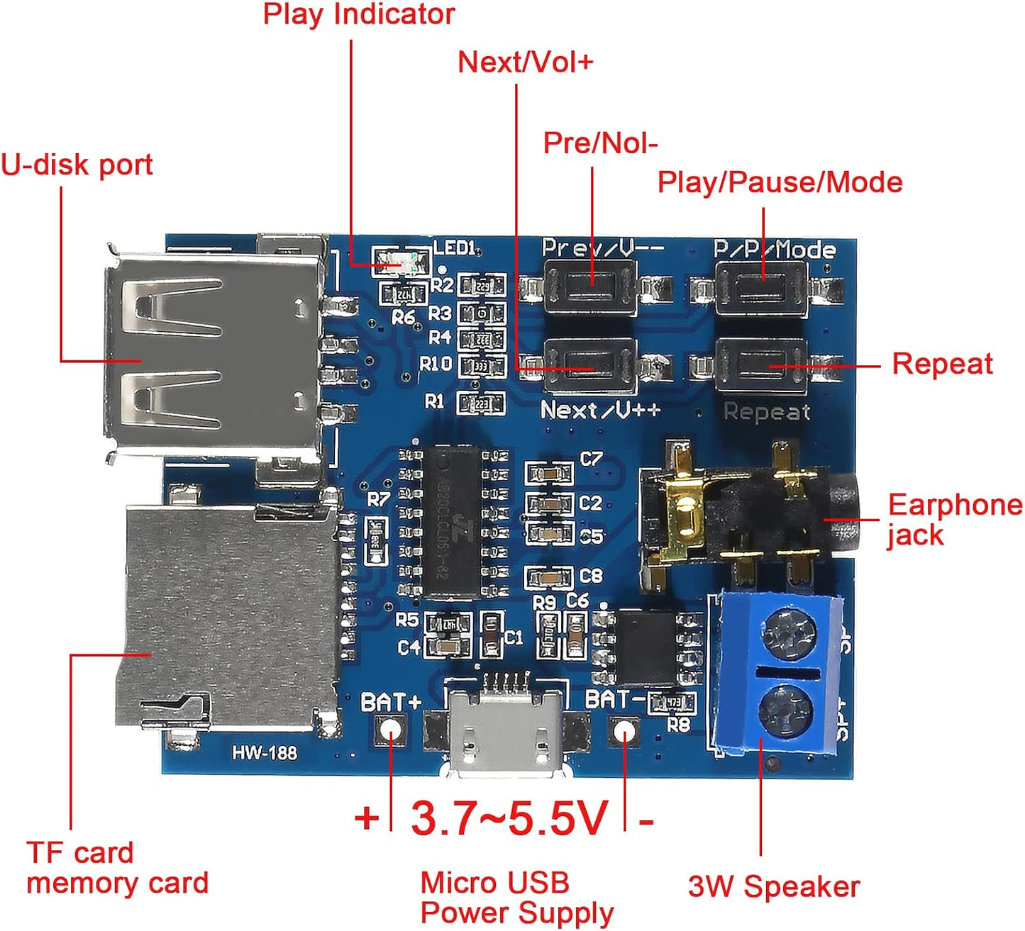 Coliao 8pcs MP3 5V Decoder Player Module TF Card U Disk Play with Audio Amplifier Audio Decoding Player Module Micro