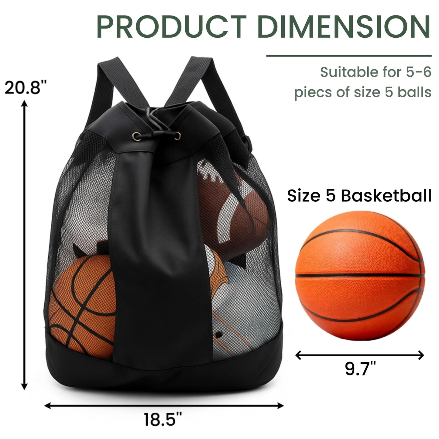 Nagpew Large Ball Bag, Mesh Sport Bag with Adjustable Double Strap, Drawstring, Heavy-duty Soccer Organizer Beach Toy Storage for Football, Basketball, Volleyball, Training
