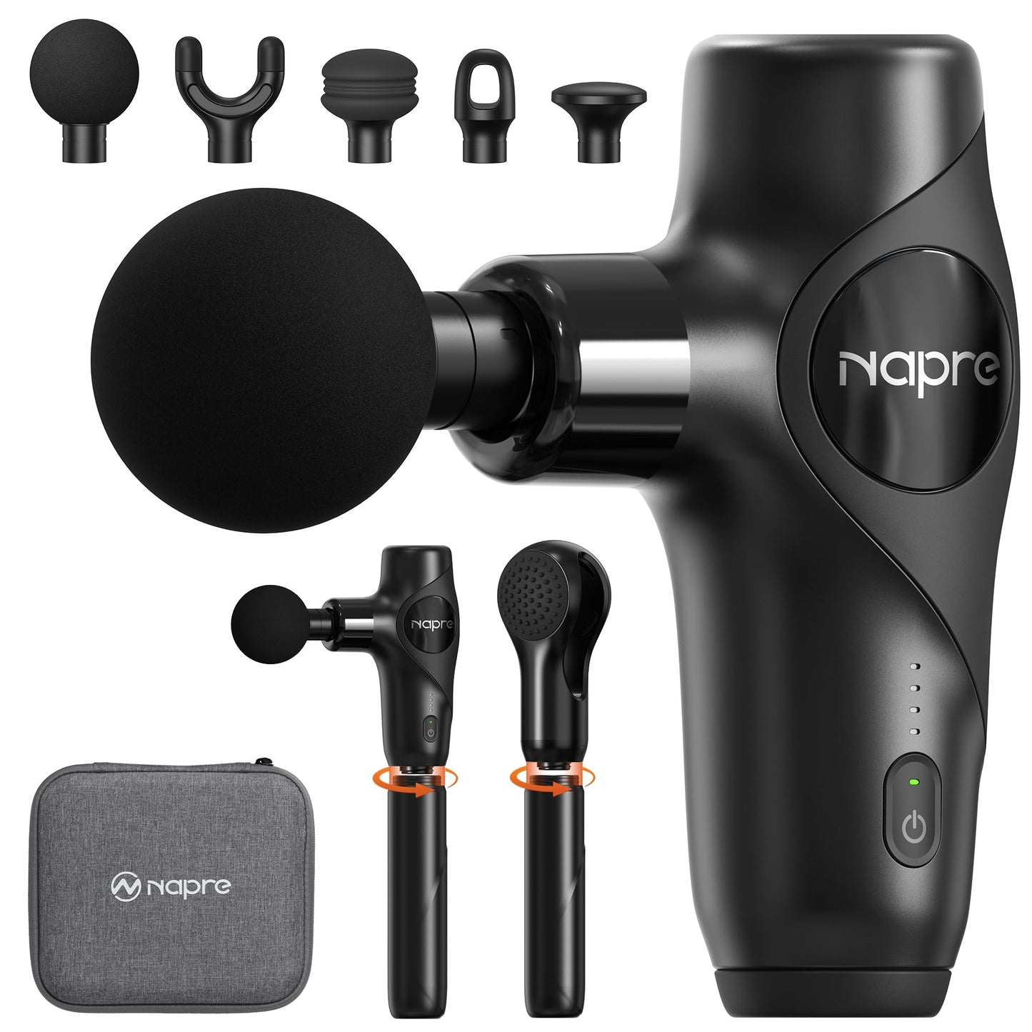 NAPRE 3-in-1 Detachable Massage Gun,Mini Massage Gun Deep Tissue with Extension Handle,Portable Handheld Percussion Muscle Massager for Back/Neck/Body,Small & Quiet,5 Heads,with Case