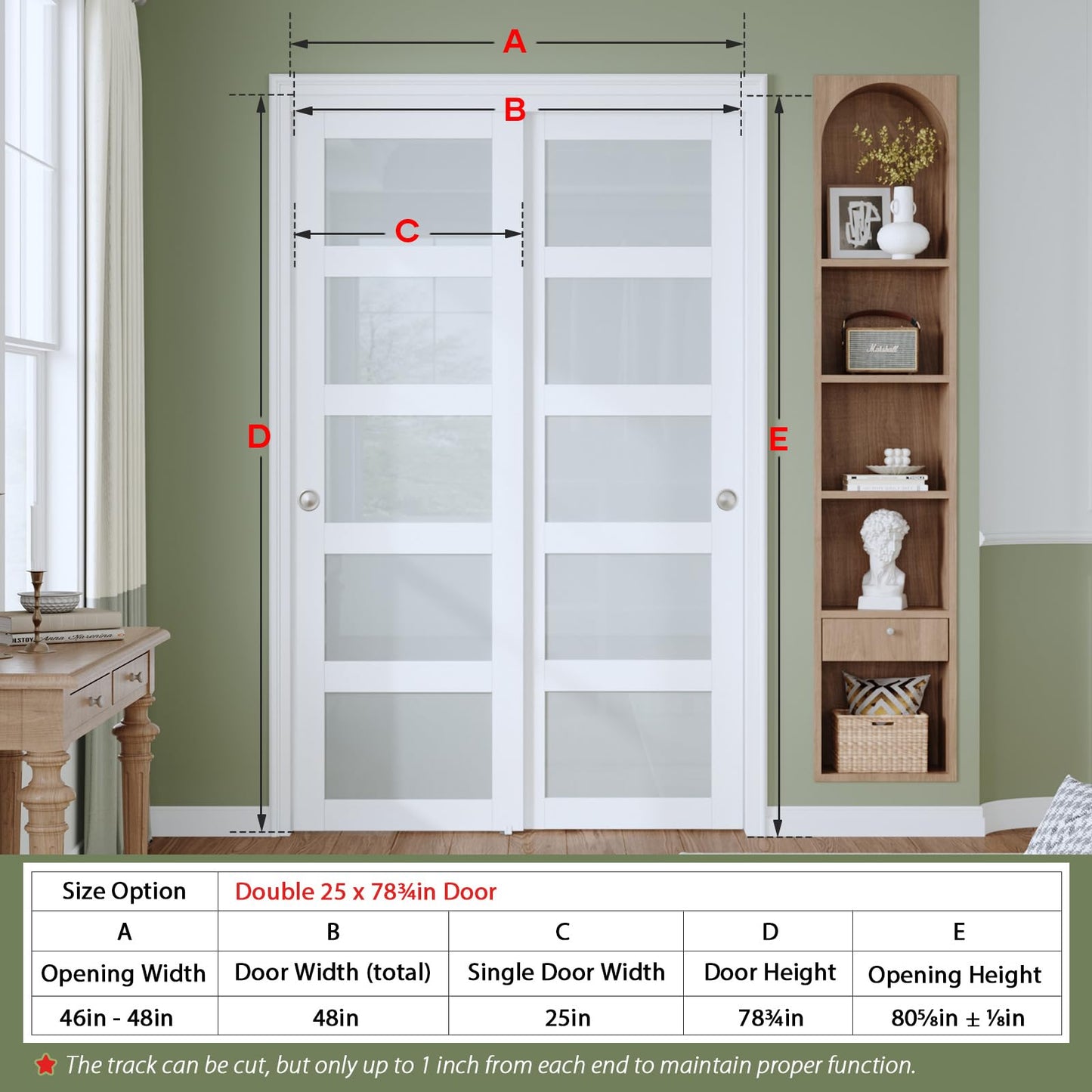 Finosen Bypass Sliding Closet Door Slab, 48 x 80 in (Double 25 inch), 5-Lite Frosted Glass, Barn Door with Hardware Kit Included, Need to Assemble, MDF with PVC Surface, White