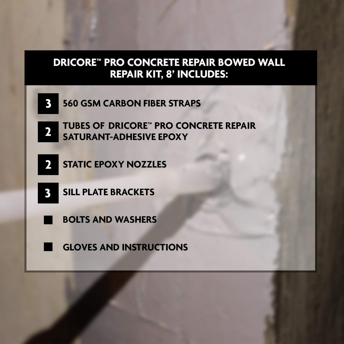DRICORE PRO Concrete Repair Foundation Wall Repair Kit, 8' | Best Eight Foot All in One Epoxy and Carbon Fiber Pack for Reinforcing Bowing Foundations, Walls, Basements, Cement, Crawlspace, and More
