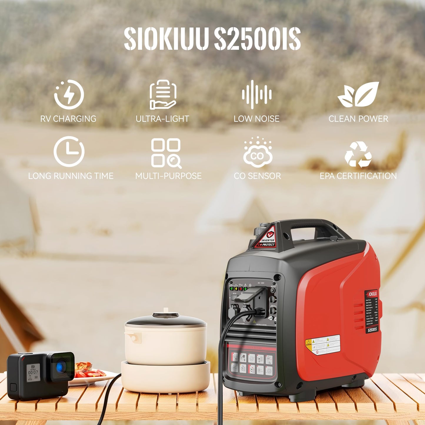 SIOKIUU 2500W Portable Generator Super Quiet Inverter Generator Ultra Lightweight for Home Backup Outdoor Camping, CO Sensor Protect, EPA, ECO Mode