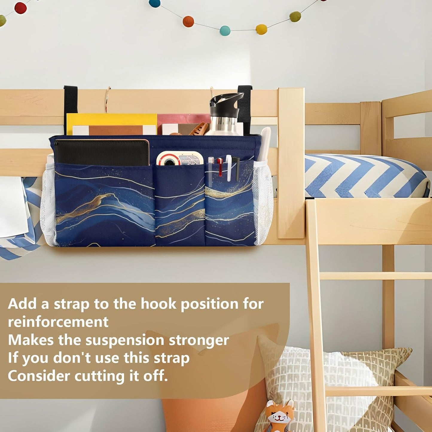 Amooorous Bedside Storage Caddy For Dorm Table Cabinet Storage Organizer for Bed Rails Deep Blue-gold Marble Texture