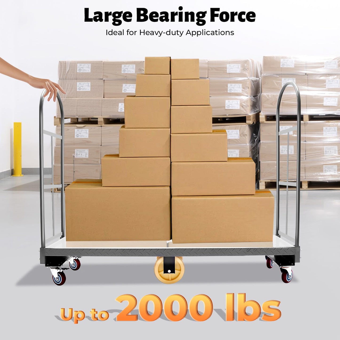 Heavy Duty U-Boat Platform Truck, 64.6"x 15.7"x51.2" Steel Dolly Cart with 2000 lbs Capacity and Removable Side Fences, 6 Wheels and Foot Brake (64.6"x 15.7"x51.2")