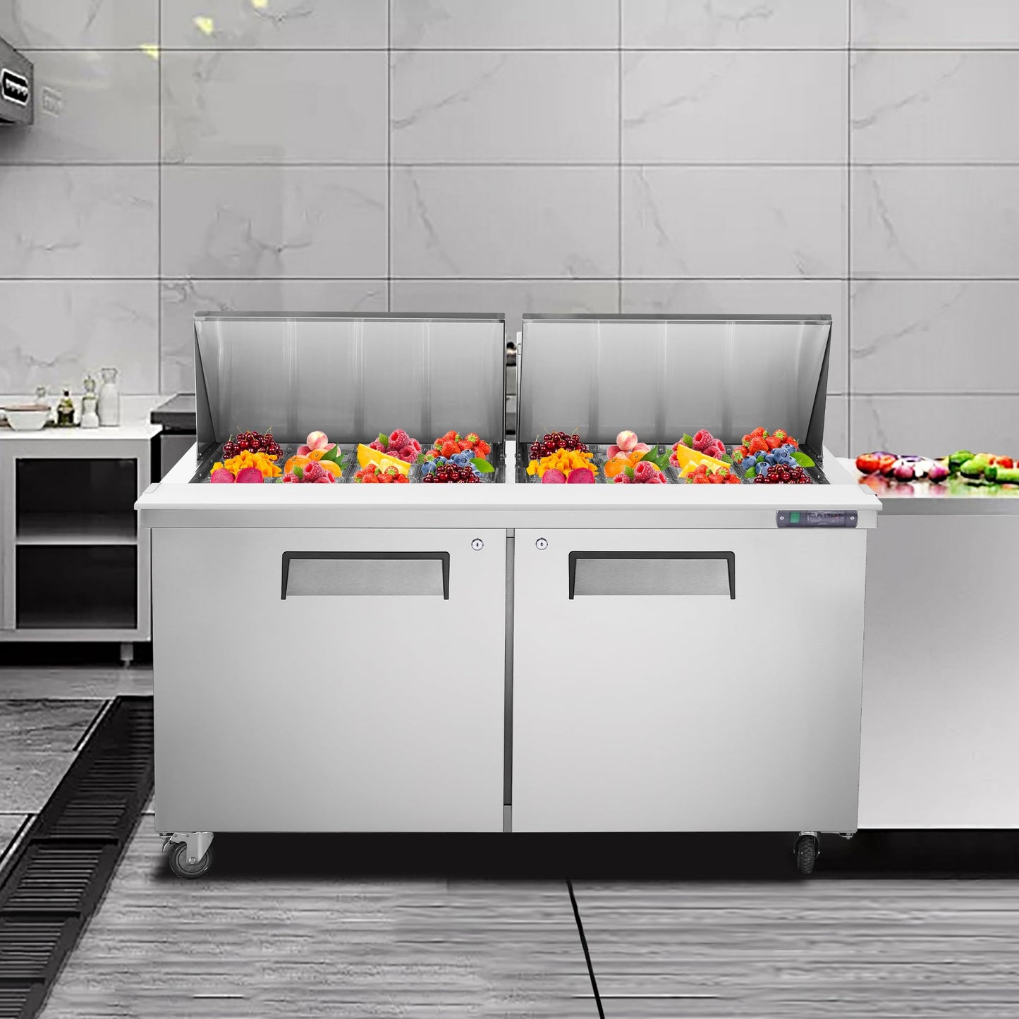 JINSONG 60" Refrigerator Sandwich & Salad Prep Table, Stainless Steel Refrigerated Food Prep Station, 16.4 cu. ft with Cutting Board and 16 Pans for Restaurants, Bar, Shops, etc