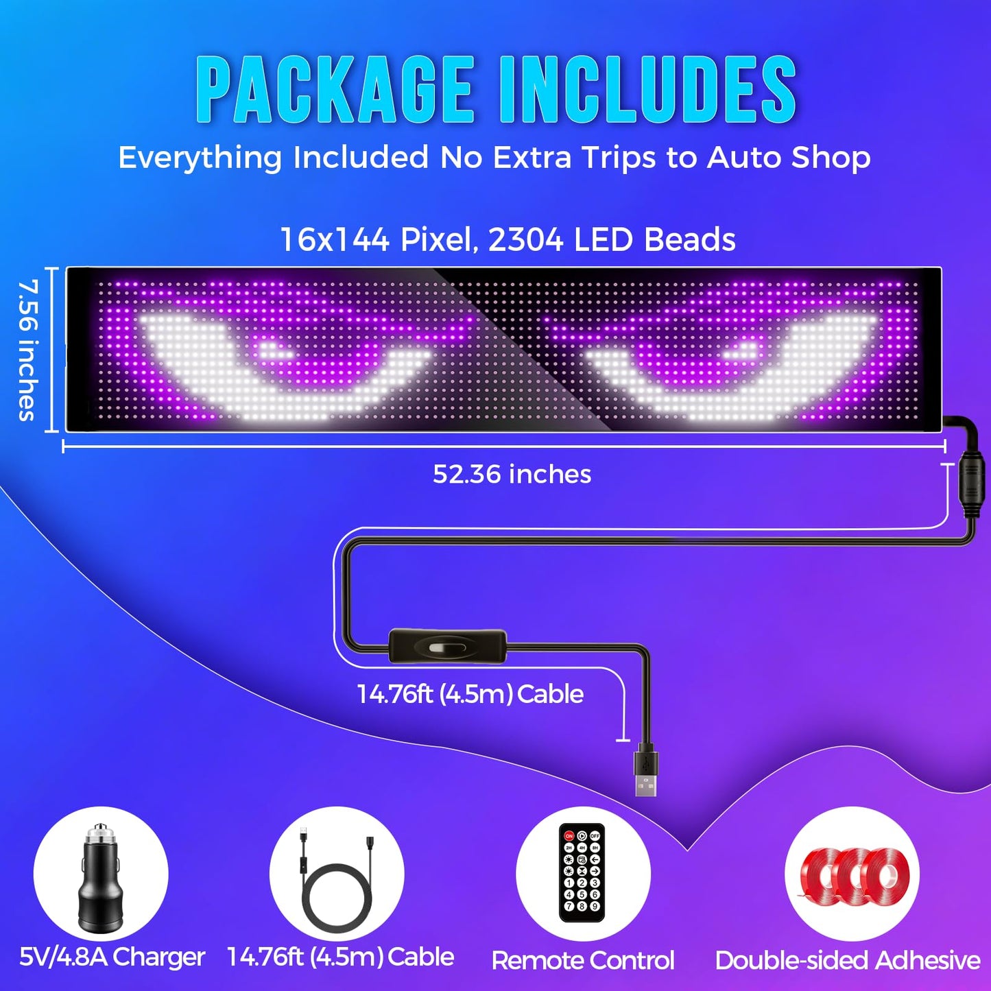 52.36"x7.56" Large Size Windshield Eyes-Devil Eye Light, 5V USB Animated LED Eyes with with Dual Bluetooth App & Remote Control - Programmable LED Sign for Semi Trucks/SUVs