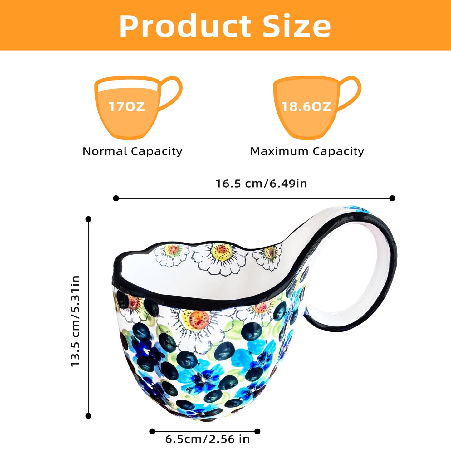 JUSONEY 18.6OZ Soup Bowls with Wide Handles,Handpainted Decorative Bowl,Soup Mug,Microwave Bowls,Ceramic Bowls perfect for Cereals,Soups,fruits,etc.(A)