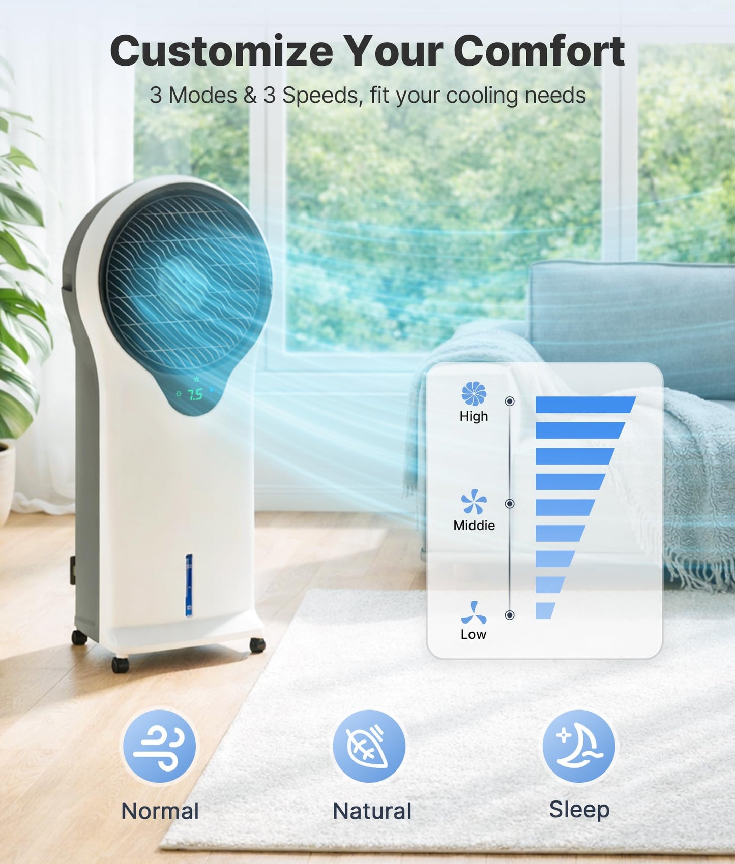 EXNOS 3-in-1 Evaporative Air Cooler - Portable Swamp Cooler Air Conditioner with 5.5L Water Tank & 2 Ice Packs, 3 Speeds, 3 Modes, Cooling Fans that Blow Cold Air for Home & Office