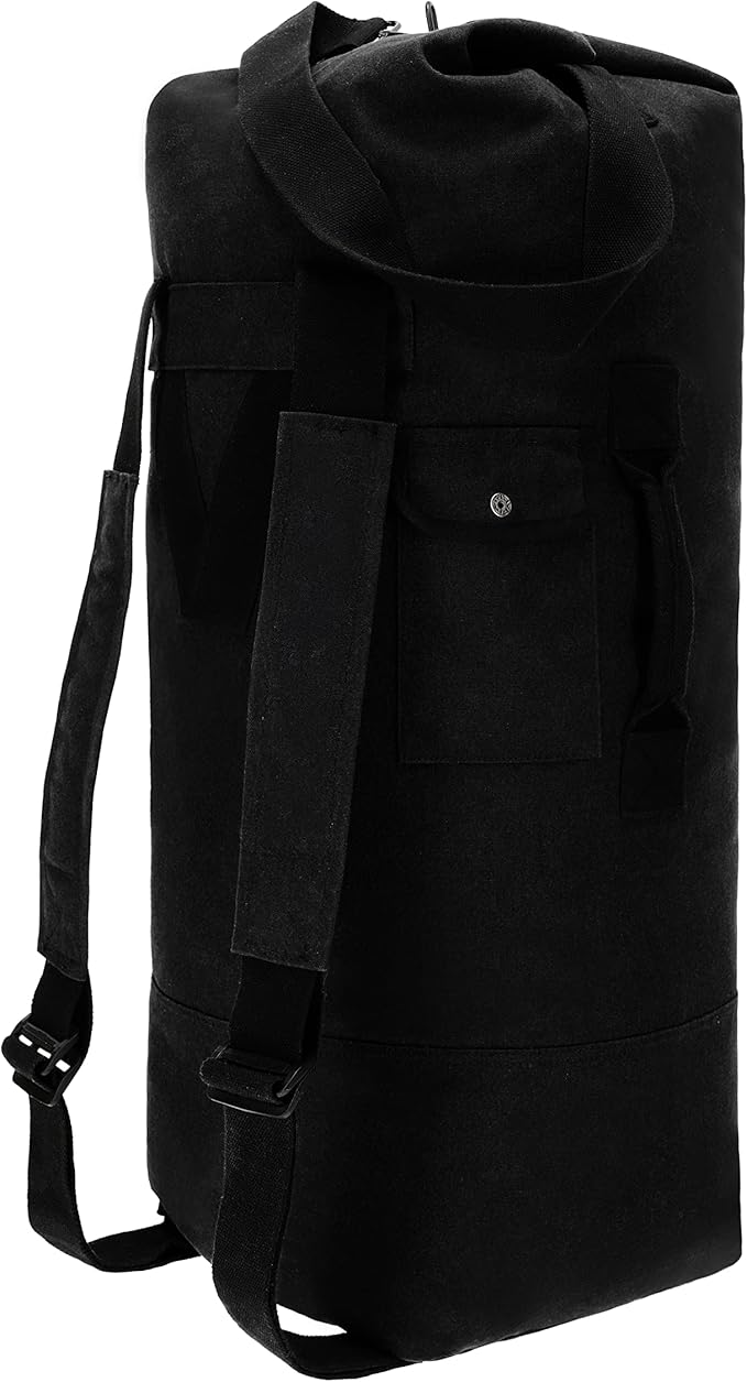 WHITEDUCK G.I Top Load Military Rucksack Style Double Strap Duffel Bag Heavy Duty and Water Resistant- Gym, Sports, Travel, Hiking, Backpacking (21" x 37", Black)