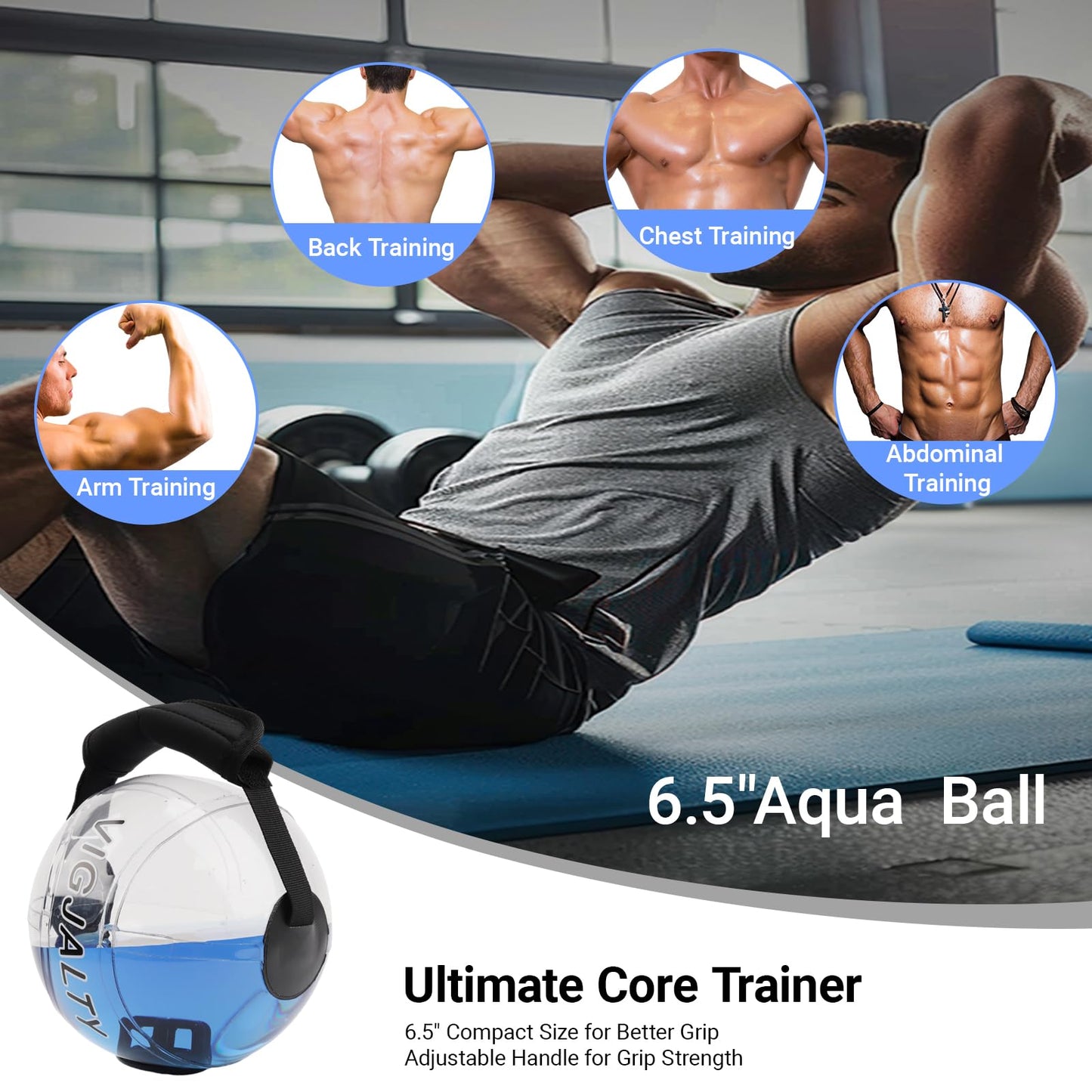 6.5" Aqua Ball Water Weight Bag - Adjustable Water Filled Fitness Bag, Sandbag Alternative for Home Gym, Core Balance Trainer, Portable Exercise Equipment for Arm Shoulder Full Body Workout (5Ibs)
