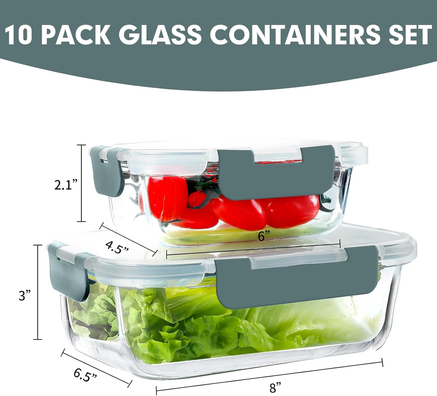VERONES Glass Meal Prep Containers - 10 Pack Airtight Storage Set with Lids | BPA-Free, Stackable, Microwave & Oven Safe, Grey