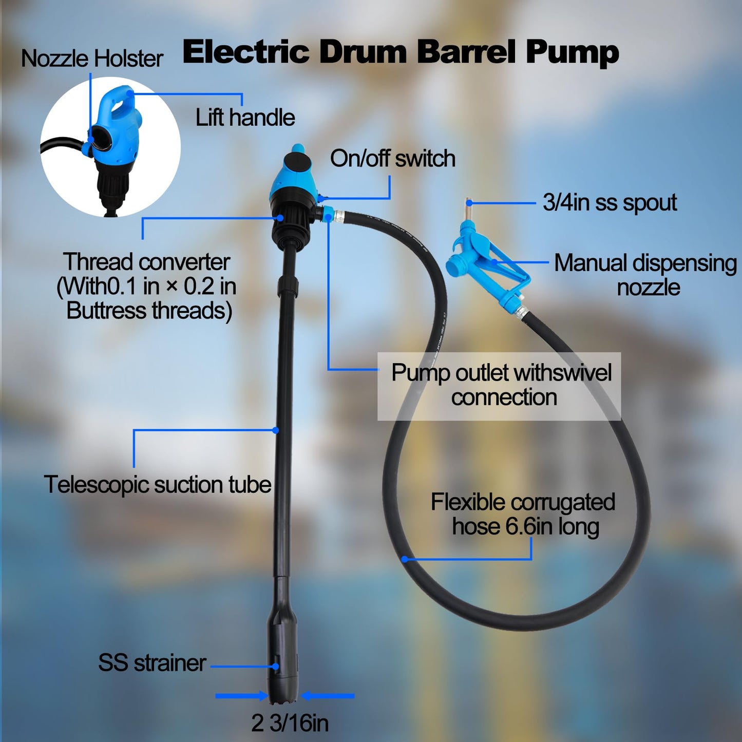 NimRay Electric Drum Pump (120V AC / 12V DC), 5 GPM Flow Fuel Pump, for DEF, Diesel, Water, Antifreeze with a 6.6ft Hose, 2'' Bung Adapter, and 34-49in telescoping Suction Tube for 55-Gallon Barrels.