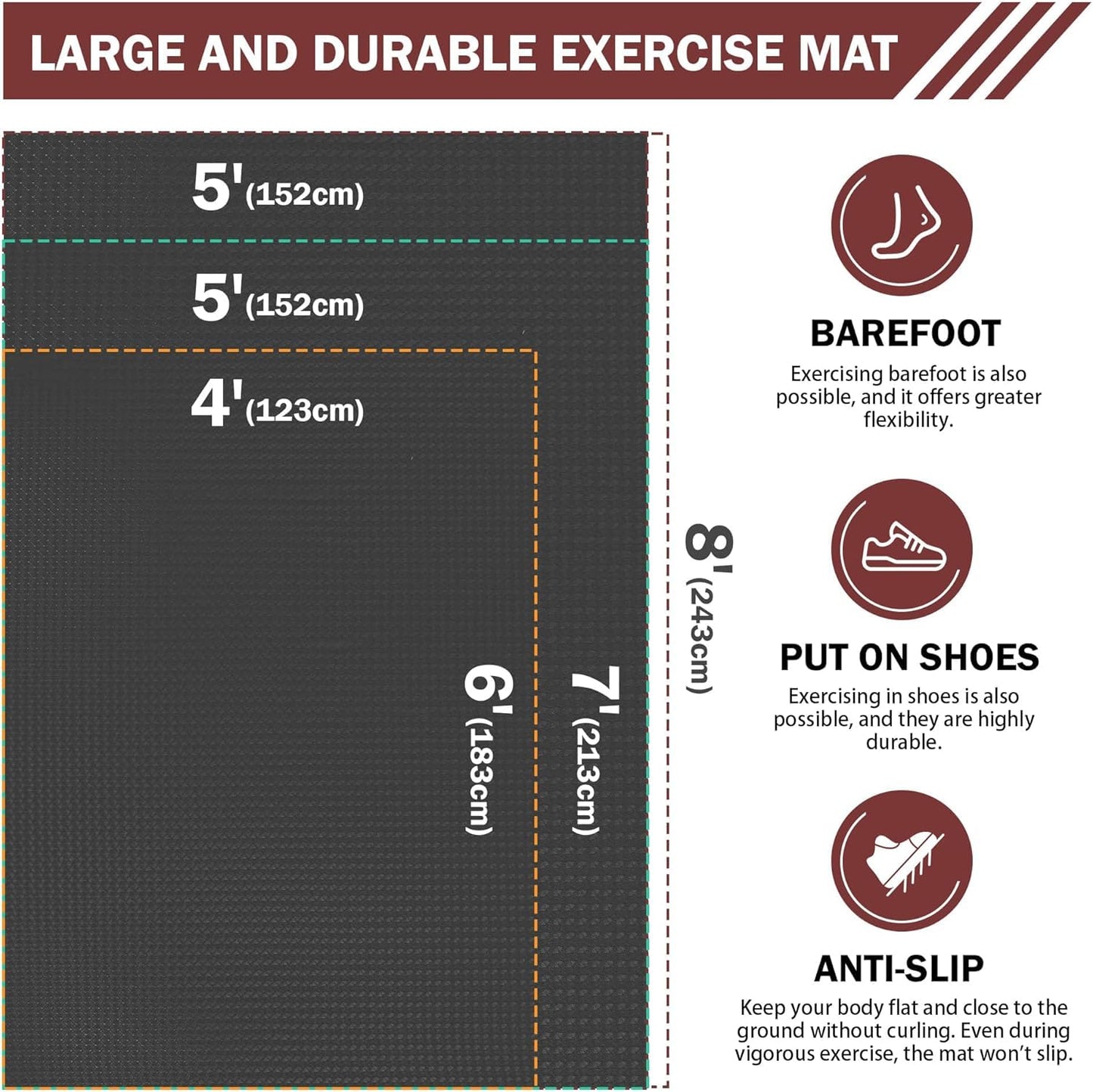 Stepwaver Extra Large Exercise Mat, 7'x5' (6mm) Thick Workout Mat for Home Gym & Garage Flooring, Shoe-Friendly, Non-Slip, Ultra Durable, Thick Large Workout Mats for Home Workouts
