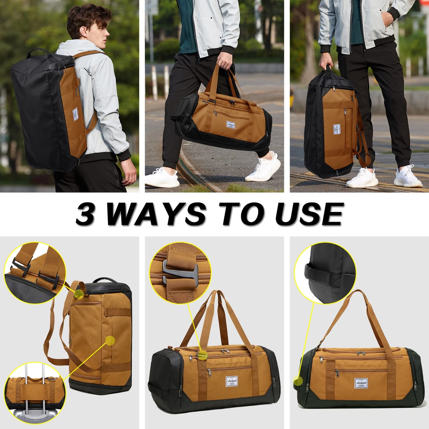 Laripwit Travel Duffle Bag for men 40L Medium Sports Gym Bag with Wet Pocket & Shoes Compartment Weekender Overnight Backpack for Traveling Duffel Bag Backpack for Women, Khaki