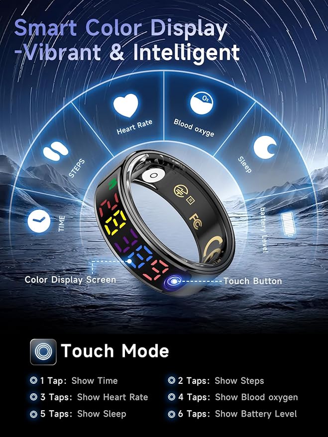 Smart Ring for Women Men, Health Ring with Colorful Display, Fitness Tracker with Heart Rate, Blood Oxygen, Sleep Monitor, No Subscription Fee, 5ATM Waterproof for iPhone & Android (Silver, 8)