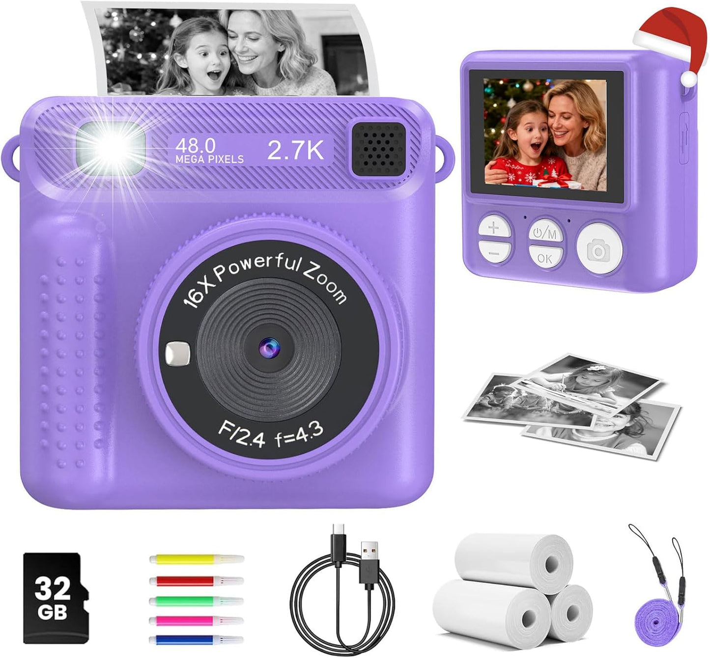 JPVERLY 1080P 32GB 3-12 Kids Camera Instant Print, HD Digital Video Recorder with SD Card, Christmas Birthday Gifts