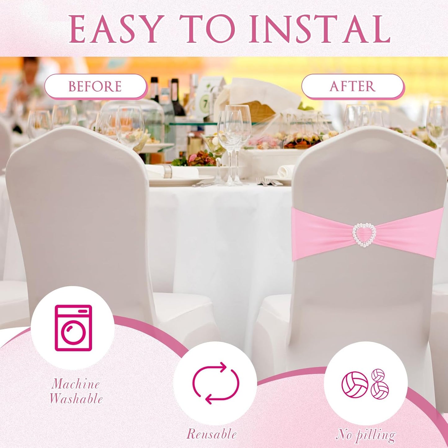 VitalCozy Spandex Chair Sashes - 50 Pcs with Heart-Shaped Buckle Slider | Universal Elastic Ties for Weddings & Events (Pink)