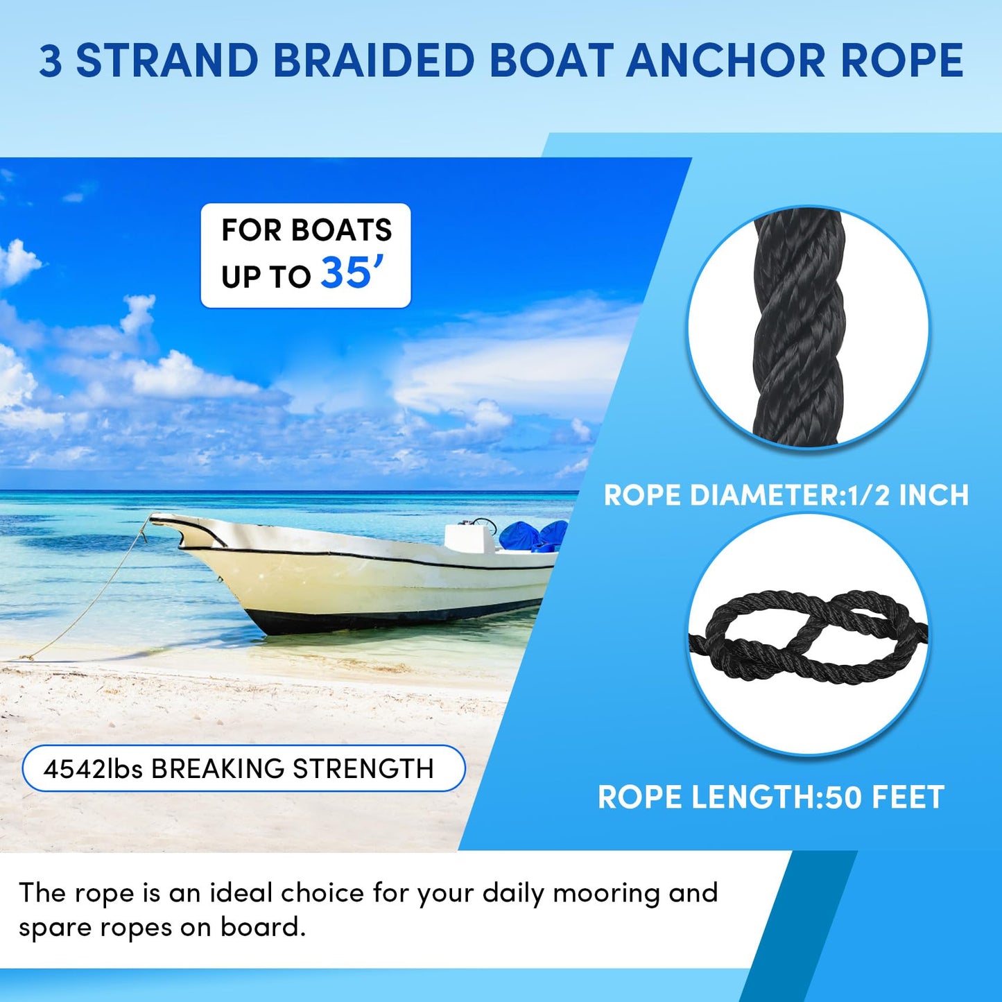 VEITHI Anchor Rope 50 ft x 1/2 inch Black, 3 Strand Anchor Line Boat Rope with Stainless Steel Thimble & Shackle Ideal for Towing,Docking,Boats,Mooring,Anchoring,for Boats Up to 35'