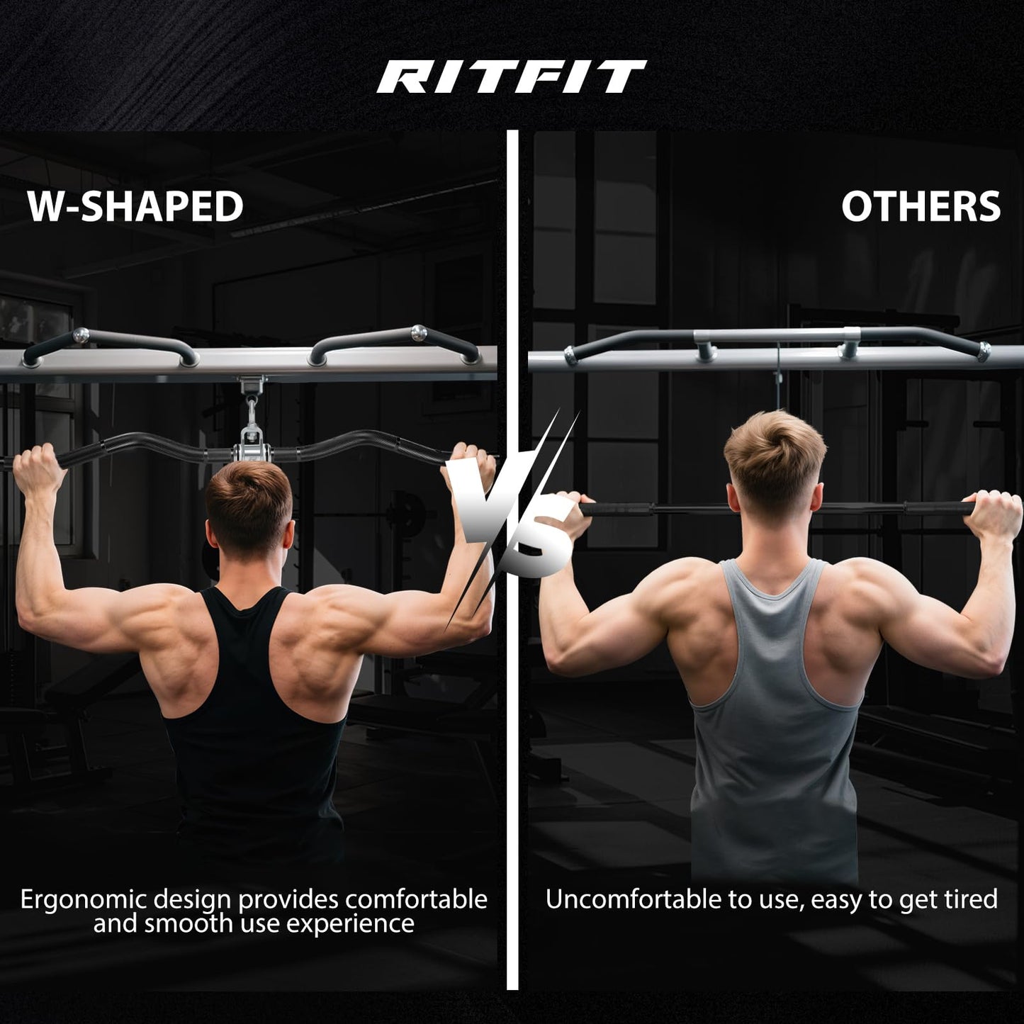 RitFit 38.6'' W-Shaped LAT Pulldown Bar, Aluminum Alloy Cable Machine Attachment with Full Rotation for Gym, Strength Training, Workouts,Black