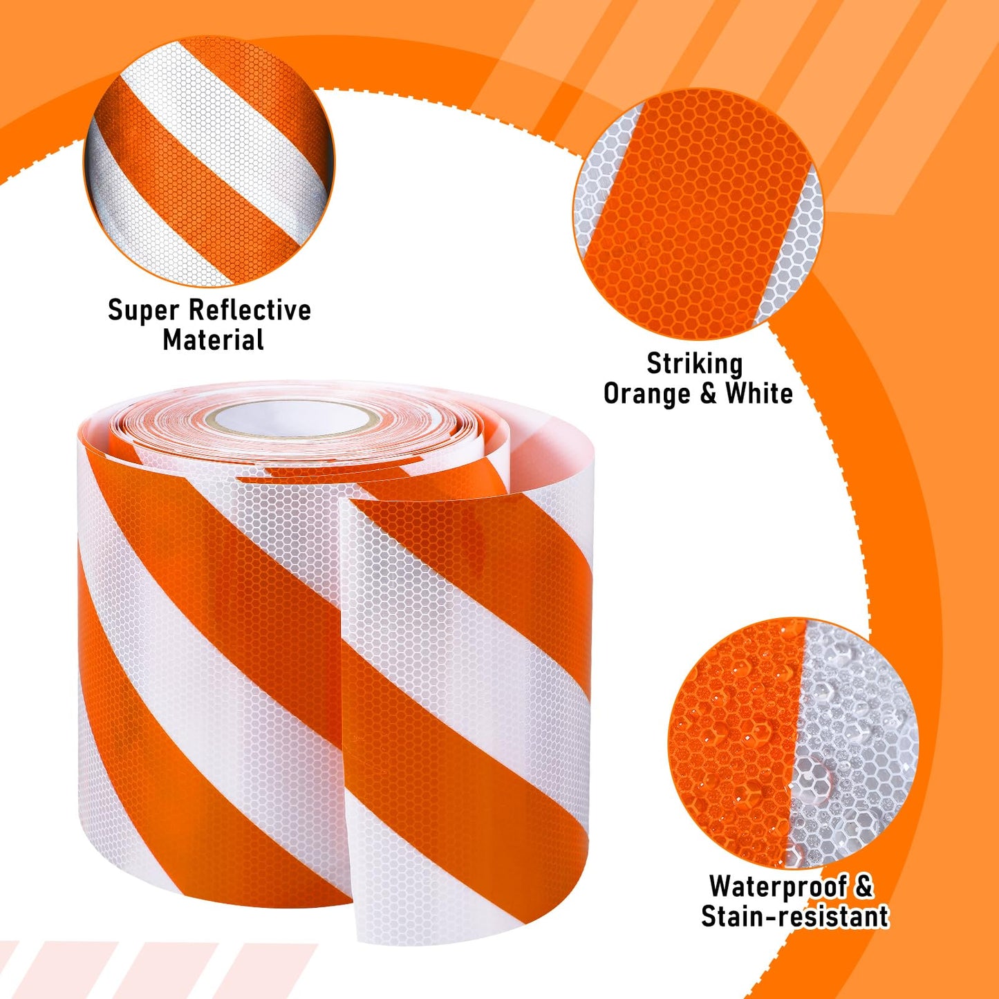 Klyyo Clyro Reflective Barricade Tape - 8" x 50 yd Orange White Stripe Engineering Grade High-Visibility Warning Safety Marking Sheeting for Outdoor Waterproof Hazard Conspicuity