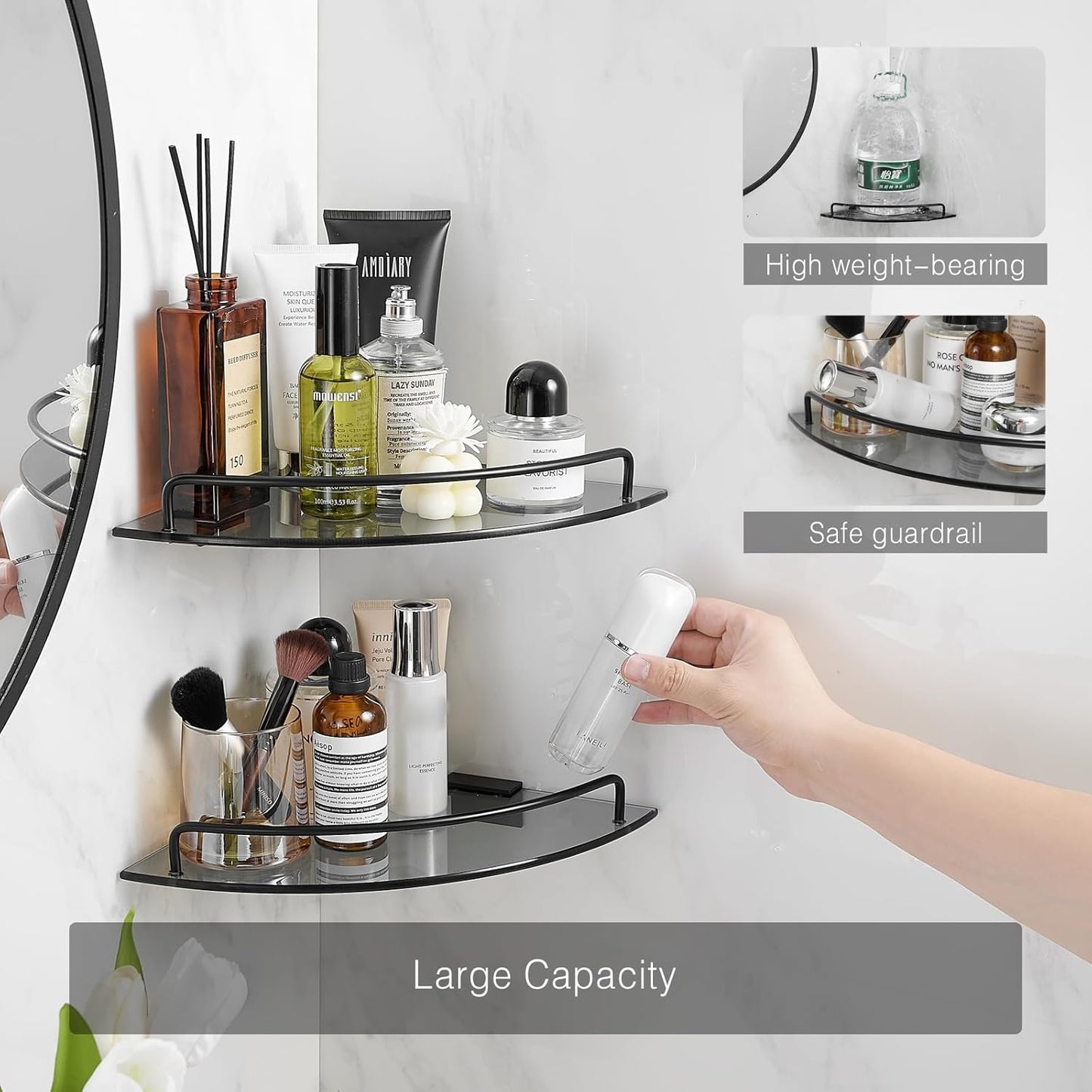 2 Pack Voldra Glass Corner Shower Caddy, Adhesive Corner Shower Shelves for Inside Shower No Drilling, Tempered Glass