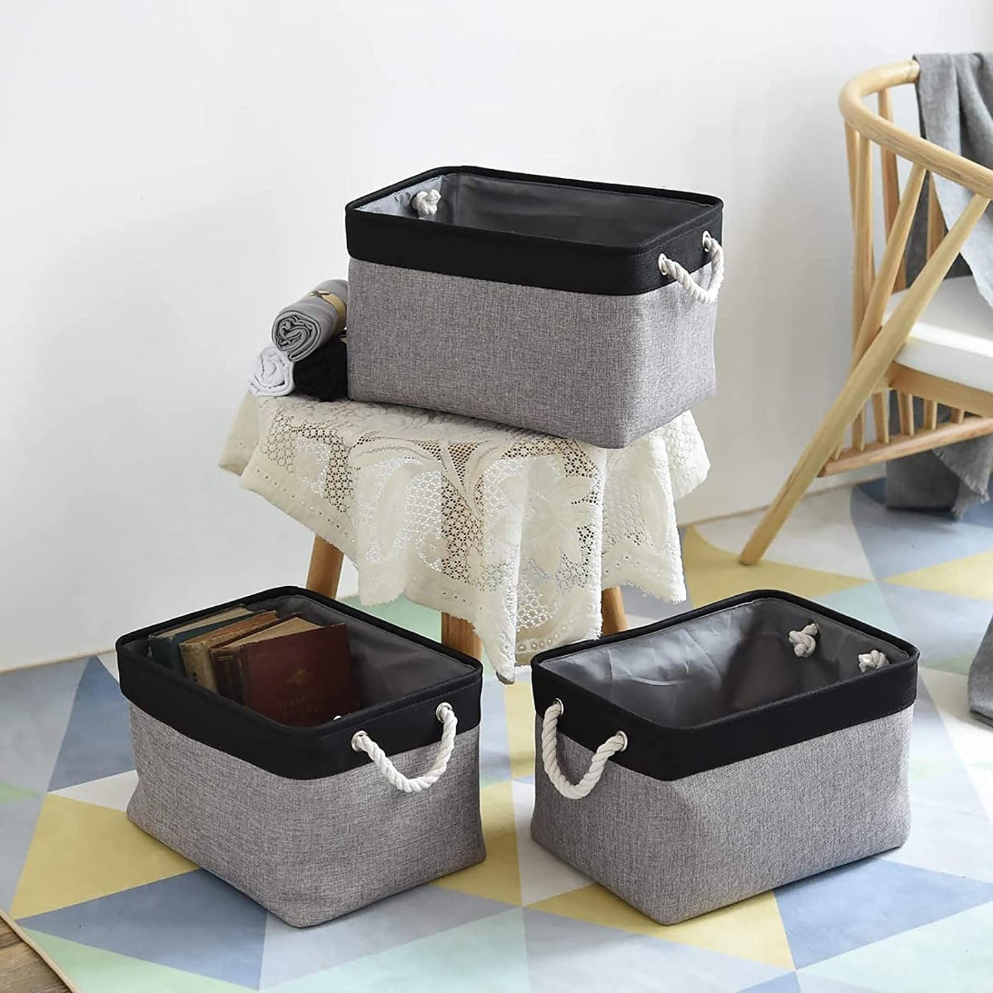 TheWarmHome Collapsible Storage Bins - Large 3-Pack Fabric Organizers with Rope | 16x12x8 Inch (Black & Grey)