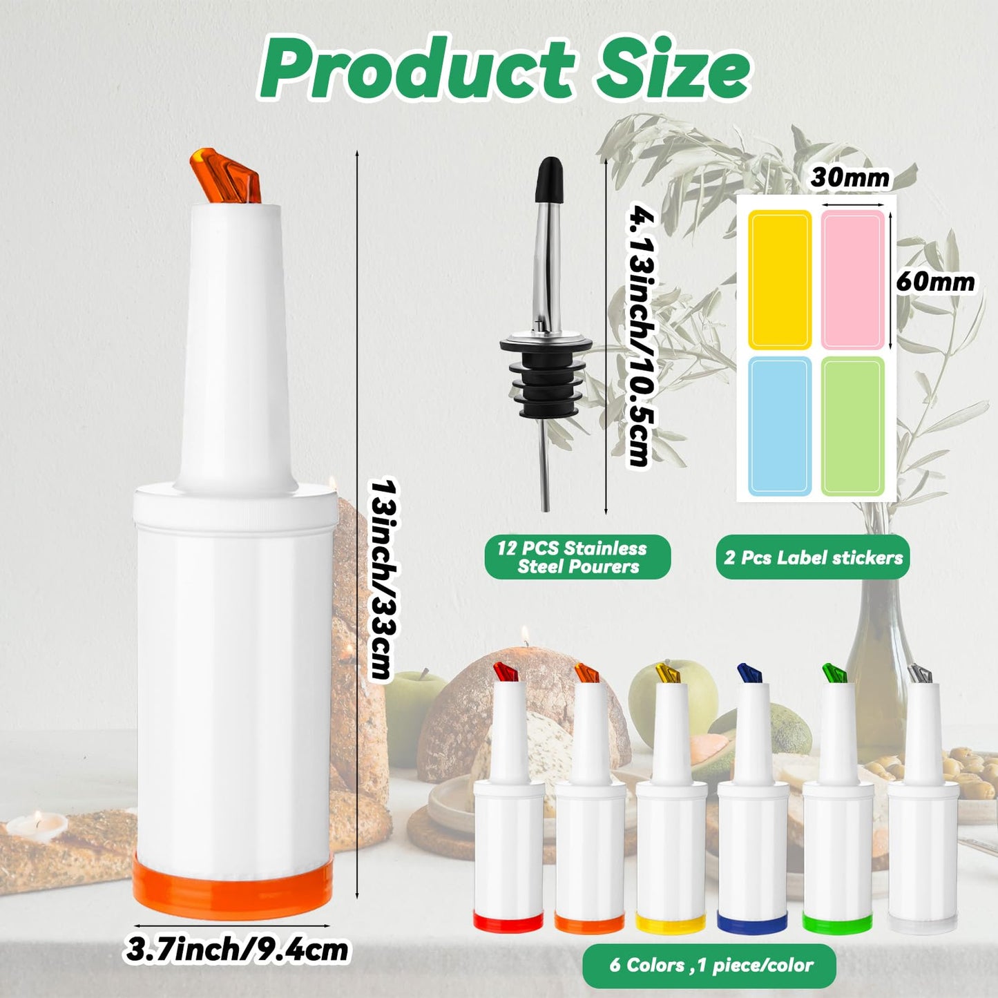 TINSKY 6 Pcs Plastic Bar Juice Pour Bottles with Stainless Steel Liquor Bottle Pourers 34 Oz Juice Dispensers Store and Pour Containers for Bar Home Bartending Party