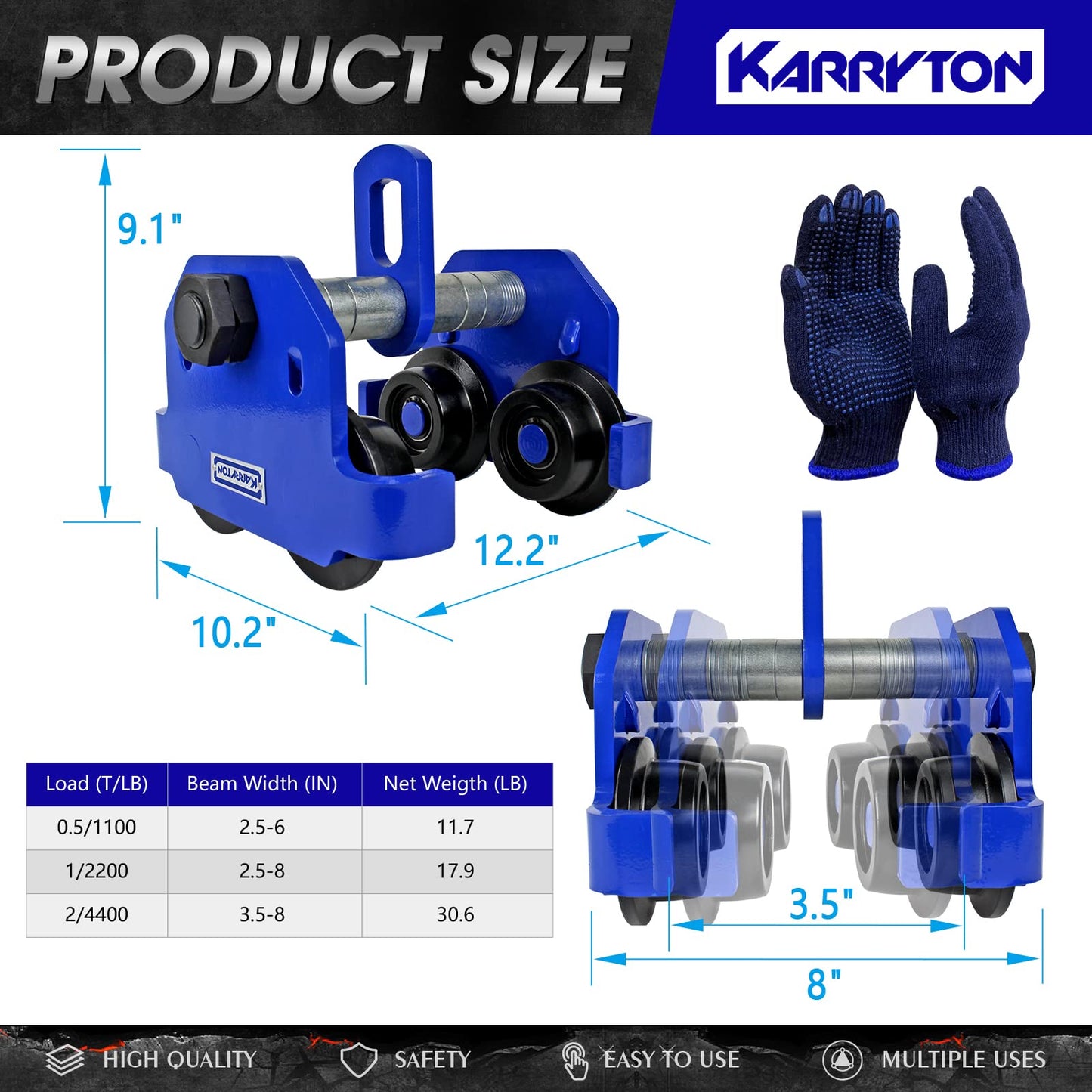 KARRYTON 2Ton/4400LB Beam Trolley 3.5 – 8in Adjustable Flange Width, Heavy Duty Manual Push Trolley w/Dual Track Rollers for Crane Lifts, Garage Hoists, Straight/Curved I Beams