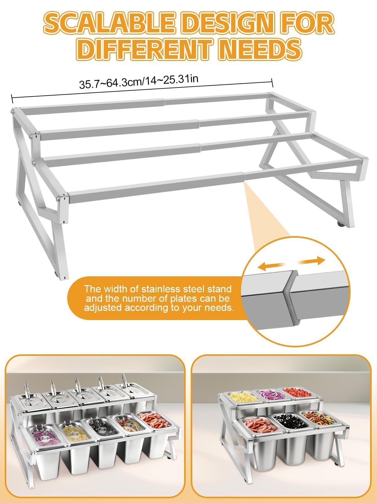 Kalolary 10 Pans Pizza Topping Storage Station, 2 Row Adjustable Stainless Steel Condiment Containers with Lids Spoons Ice Food Serving Display Container Salad Bar Buffet Station for Home Kitchen
