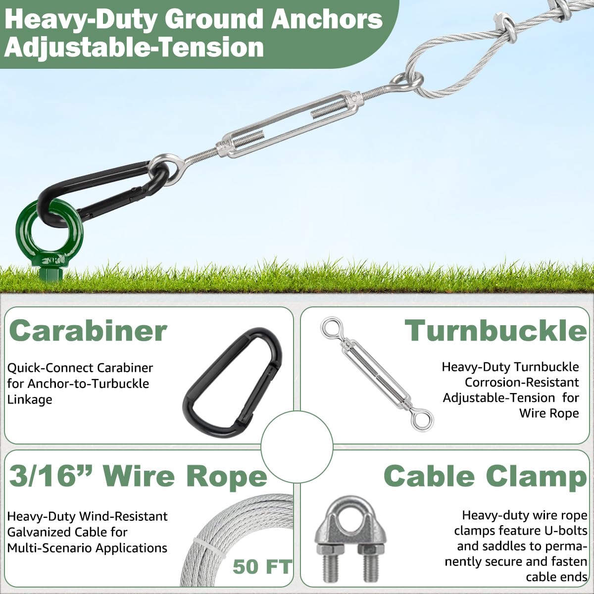 Fuuner 8 Pack 30" Shed Anchor Kit, Triple Helix Ground Earth Anchors with 100 FT 3/16" Galvanized Cable, 8 Turnbuckles & Drill Adapter, Green Auger Anchor for Canopy Gazebo Trampoline Swing Set