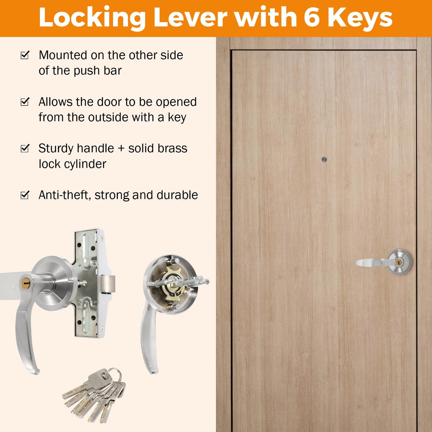 BEAMNOVA 27.5 in Commercial Door Push Bar Panic Exit Device with Exterior Lever Lock Key Roller Strike Plate End Cap Universal Emergency Hardware, for 27.5 to 41 inches Wide Door, Metallic