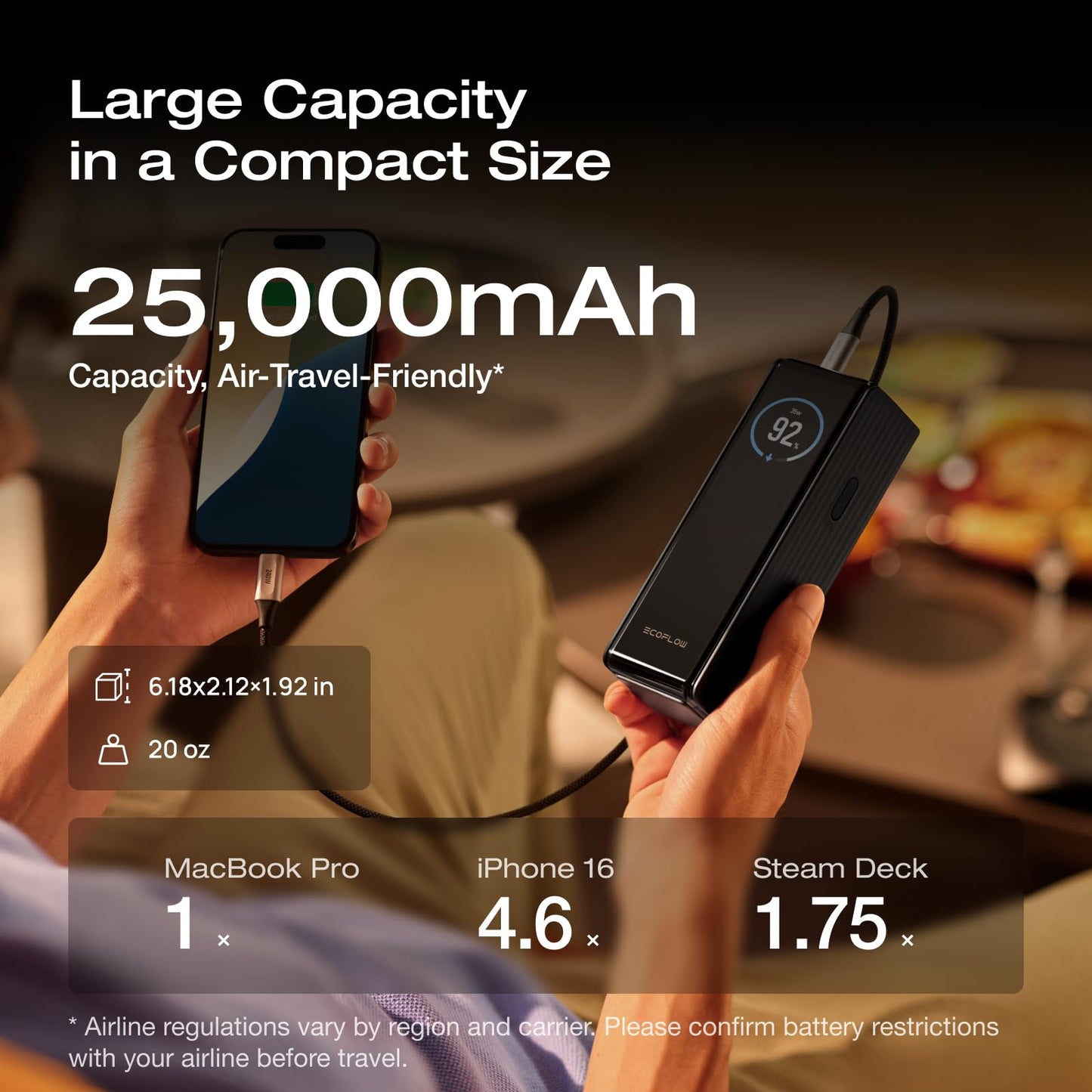 EF ECOFLOW Laptop Power Bank, 25,000mAh 170W Portable Charger with Dual 140W USB-C Ports, Smart Display, Flight-Approved for Travel, Fast Charging for iPhone 17/16 Series, MacBook, Samsung and More