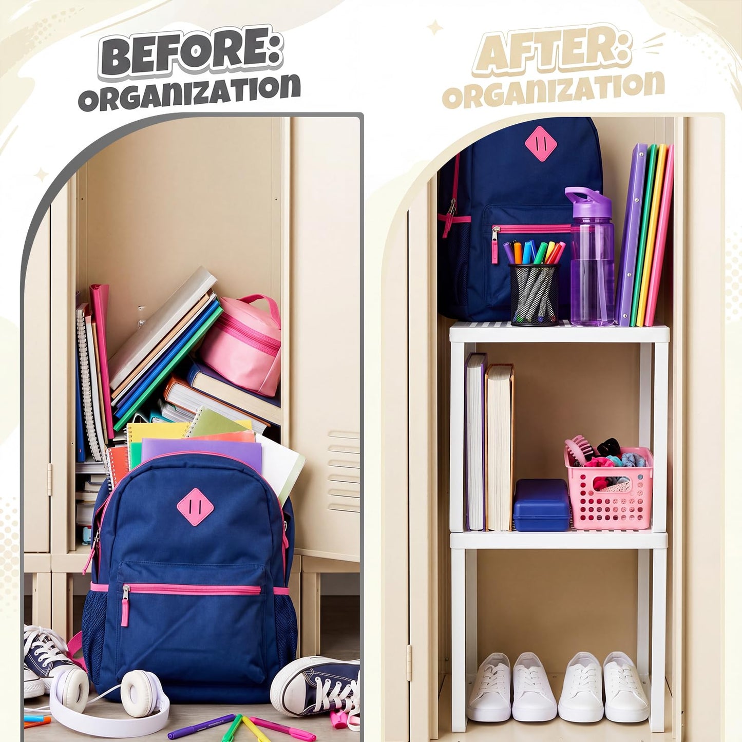 Colarr 2 Pcs Locker Organizer Shelf Stackable 2-Tier Shelves Fits Standard Size School Lockers Heavy Duty Metal Locker Shelf for School Office Gym Lockers Home Storage 11x 10 x 12 Inch(White)