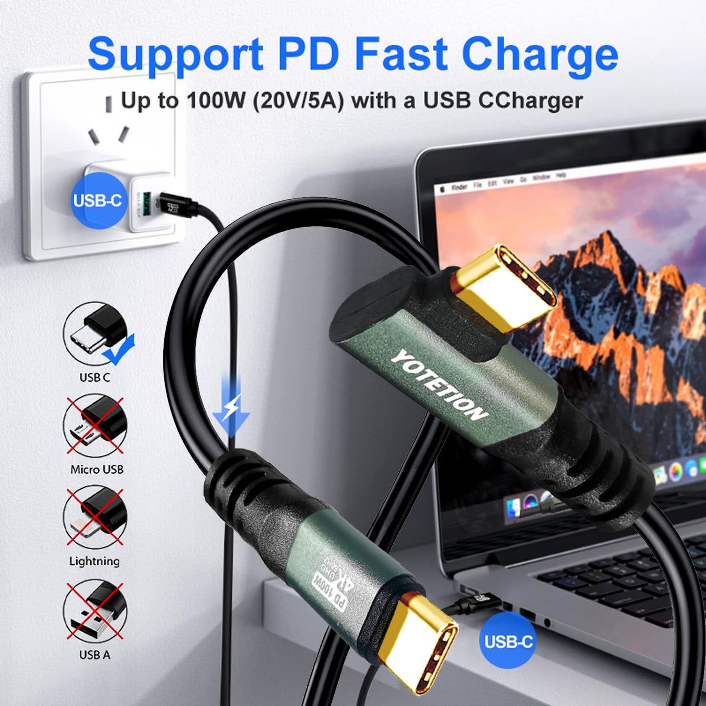 YOTETION 20FT,100W 4K60HZ GEN2x2(Data usb3.1),Type USB3.2/ USB4.0 15-16-17 USB C to C Cable USB Type C C Video Output