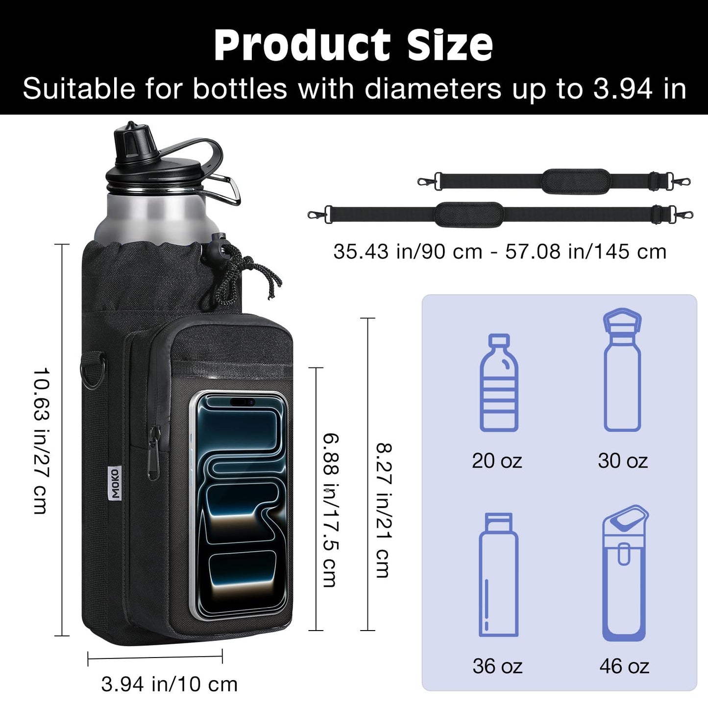 MoKo Magnetic Gym Bag, Magnetic Water Bottle Holder with Clear Phone Pouch, Built-in 4 Magnets Fitness Bag for Men and Women Compatible with Most Water Bottles, Gym Accessories Gifts, Black